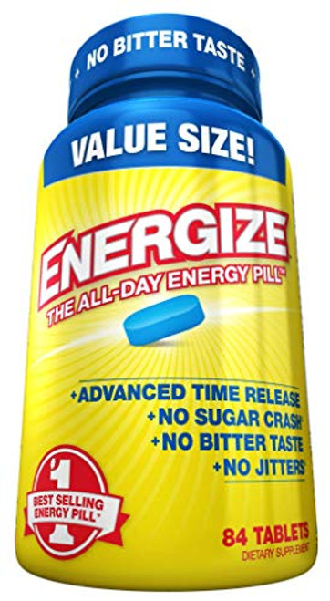 Energize Caffeine Energy Pills - Healthy Focus Brain Supplement - Improve Performance, Increase Alertness and Clarity - Smooth All Day Energy, No Jitters, No Crash - 84 Time Released Tablets