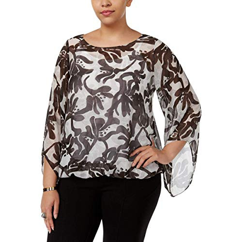 Alfani Womens Plus Printed Bell-Sleeves Pullover Top B/W 0X