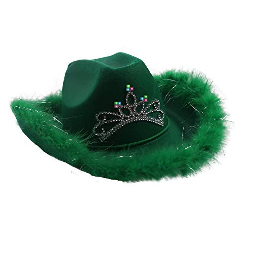 Green Blinking Tiara Felt Cowboy Cowgirl Dress Up Hat with Feather Trim _ Perfect for Christmas_ St Patrick's and Mardi Gras Party