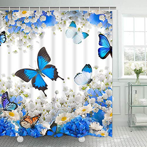 Ikfashoni Flower Butterfly Shower Curtain_ Floral Shower Curtain with 12 Hooks_ Waterproof Fabric Bath Shower Curtain for Bathroom_ Blue White_ 69 x 75 inch