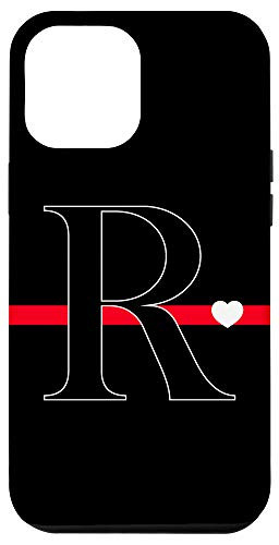 iPhone 12 Pro Max Black Red Thin Line Monogram Letter R Initial Heart Case