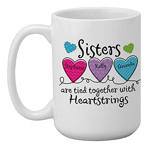 Let's Make Memories Personalized Sisters Coffee Mug _ Tied with Heartstrings _ Customize with 2_6 Sisters _ Personalize with Names for Each Sister _ Holds 15 oz