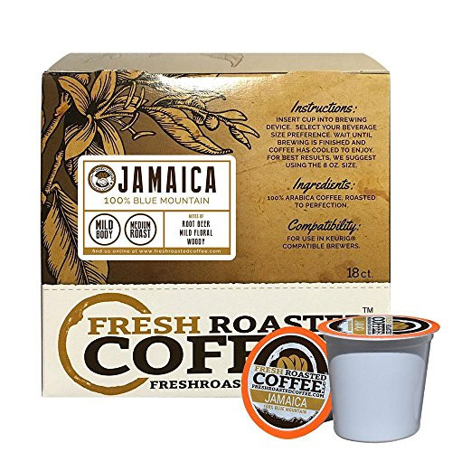 Fresh Roasted Coffee LLC, 100% Jamaica Blue Mountain Coffee Pods, Single Origin, Direct Trade, Medium Roast, Capsules Compatible with 1.0 & 2.0 Single-Serve Brewers, 18 Count