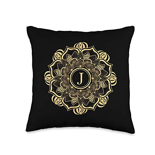 Mandala Monogram Letter J Initial Aesthetic Gift Letter J Initial Mandala Pattern Monogram Gift Women Girls Throw Pillow_ 16x16_ Multicolor