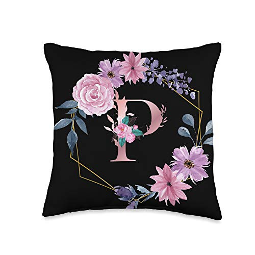 Floral Capital Letter Alphabet Monogram Gift Idea Capital Personalized Girly Monogram P Flowers Initial Letter Throw Pillow_ 16x16_ Multicolor