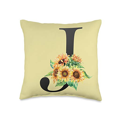 Floral Capital Letter Alphabet Monogram Gift Idea Floral Monogram Women Girls Gift Sunflowers J Initial Letter Throw Pillow_ 16x16_ Multicolor
