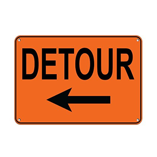 Aluminum Horizontal Metal Sign Multiple Sizes Left Arrow Detour B Traffic Orange Temporary Warning with Border Weatherproof Street Signage 14x10Inches