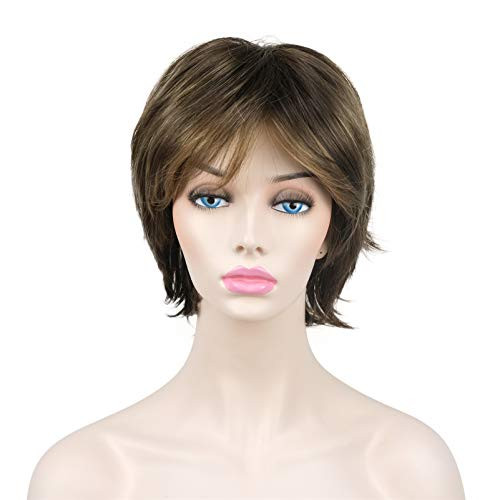 Onemily Short Layered Shaggy Straight Synthetic Wigs with Hair Bangs for Women Girls Brown with Blonde Highlights