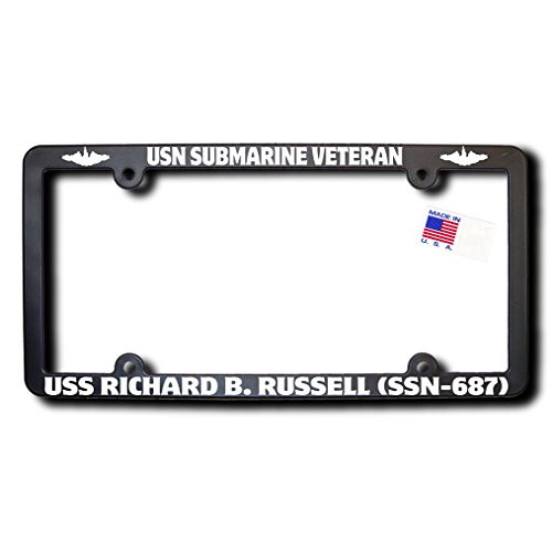 James E. Reid Design USN Submarine Veteran USS Richard B. Russell _SSN_687_ License Frame w Reflective Text  and  Dolphins