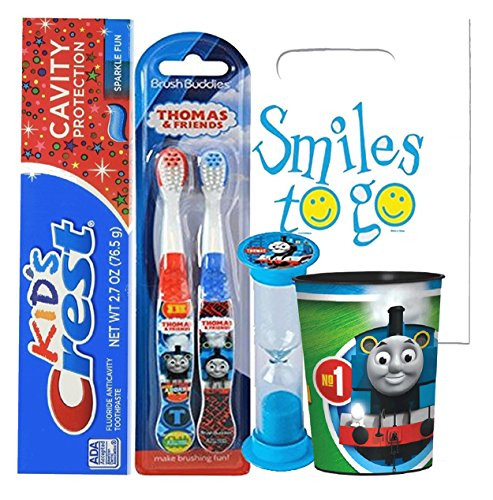 Thomas  and  Friends 5pc Bright Smile Oral Hygiene Bundle! Thomas The Train 2pk Manual Toothbrush_ Toothpaste_ Brushing Timer  and  Mouthwash Rinse Cup! Plus Dental Gift Bag  and  Tooth Saver Necklace!
