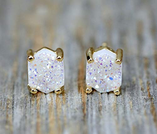 White Druzy Gemstone Prong Stud Earring Real Druzy_ 7mm_ Women's Jewelry Gift Idea