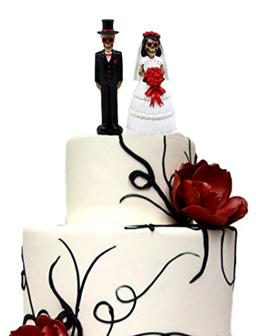 Ebros Gift Day of The Dead Wedding Skeleton Bride  and  Groom with Rose Bouquet Figurine Cake Toppers 4.5 inch  H Love Never Dies Wedding Ceremony Skeleton Lovers Statues