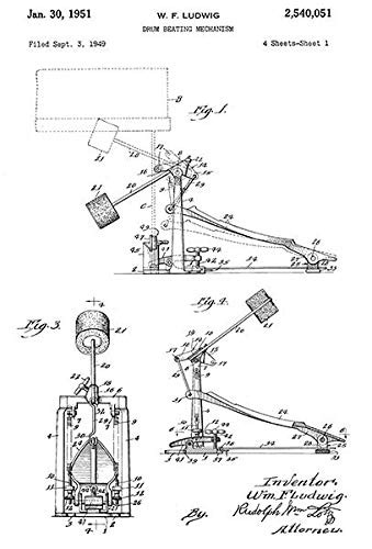 1951 _ Bass Drum Pedal _ Drum Beating Mechanism _ W. F. Ludwig _ Patent Art Magnet