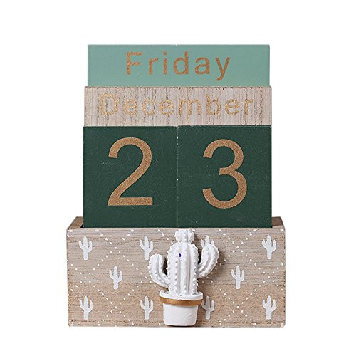 Vpang Vintage Wood Block Perpetual Calendar Desktop Calendar Chic Rustic Block Calendar Home Office Decoration _Style C_