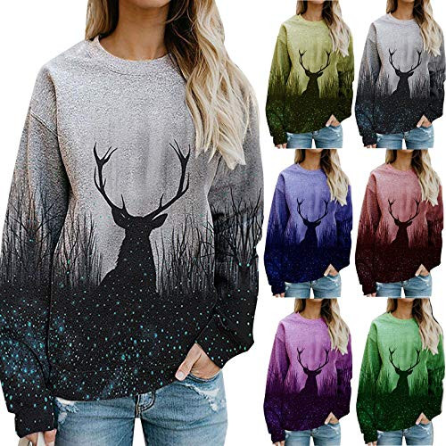 Sauahy Womens Tops for Ladies Chirstmas Pullovers O Neck Forest Elk Long Sleeve Sweatshirt Casual Fashion Blouse Gray
