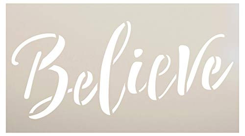 Believe Script Stencil by StudioR12 _ Winter Holiday Christmas Decor Rustic Farmhouse Word Art _ Reusable Mylar Template _ Paint Wood Signs Chalk _ DIY Home Crafting _ Select Size _18 inch  x 11 inch _