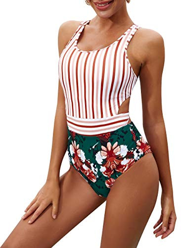MOLYBELL One Piece Swimsuits for Women High Waisted Bathing Suit Monokini Floral Print Cutout Racerback Zip Up _stripe01_ Medium_