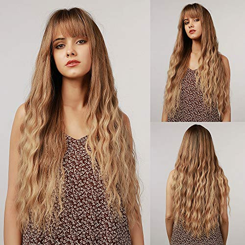 CHRSHN Long Wavy Wig with Bangs Medium Brown Ombre Blonde Wig Natural Curly Hair Synthetic Heat Resistant Fiber Wig for Women Daily Cosplay Party CHRSHN Long Wavy Wig with Bangs Medium Brown Ombre Blonde Wig Natural Curly Hair Synthetic Heat Resistant Fiber Wig for Women Daily Cosplay Party