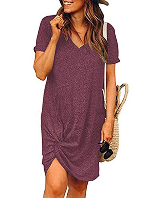 Locryz Short Sleeve V Neck Tunic Dress for Women Cute Side Knot Summer Dresses L Wine Red