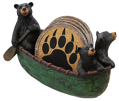 Old River Outdoors 3 Black Bears Canoeing Coaster Set - 4 Coasters Rustic Cabin Green Canoe Cub Decor