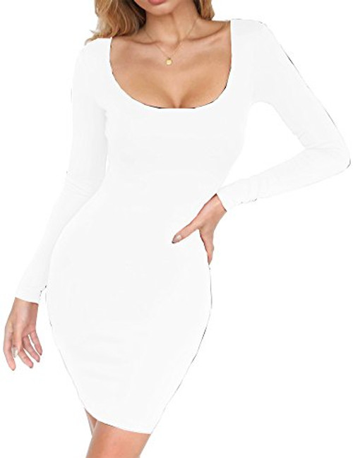 Haola Women's Scoop Neck Long Sleeve Midi Party Bodycon Dress Lady Strench Club Dress L White Haola Women's Scoop Neck Long Sleeve Midi Party Bodycon Dress Lady Strench Club Dress L White