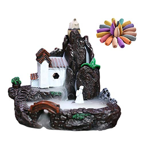 A B Backflow Incense Burner Waterfall Backflow Incense Burner Mountain Tower Incense Holders with 60 Backflow Incense Cones for Home Decor Yoga Aromatherapy Ornament