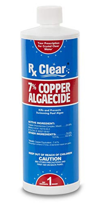 Rx Clear 7 Percent  Copper Algaecide _ Kills and Prevents Algae for In_Ground and Above Ground Swimming Pools _ Safe Formula for Swimmers _ One Quart Bottles _ Single Pack