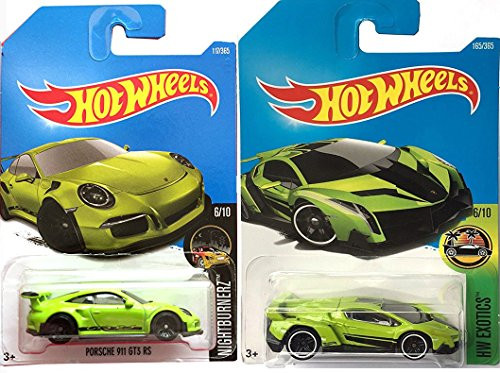 Speed Green Lamborghini Veneno Hot Wheels Exotics 165 + Performance Car Porsche 911 GT3 RS Nightburnerz Die-Cast Bundle in PROTECTIVE CASES