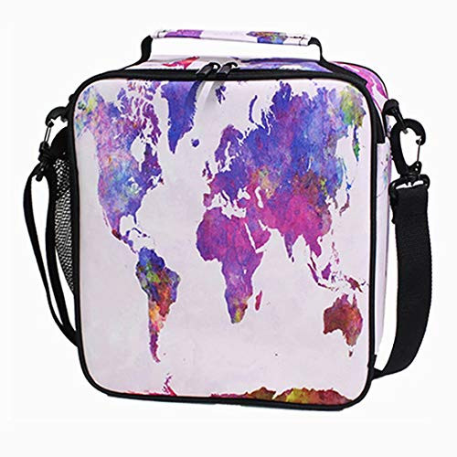 Lunch Box for Women Pink World Map Insulated Lunch Bag Large Freezable Lunch Boxes Cooler Meal Prep Lunch Tote 10.0 inch  H x 9.0 inch  W x 3.5 inch  D with Shoulder Strap 