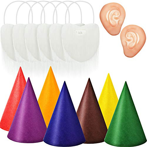15 Pieces Christmas Dwarf Costume Set Gnome Hat Costume Accessories Include 7 Pieces Dwarf Hats in 7 Colors_ 6 Pieces White Fake Beard and Jumbo Fake Ears for Cosplay Party Supplies