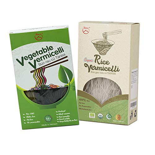 TANISA Rice vermicelli noodles combo including ORGANIC white rice vermicell _7oz pack_  and  Vegetable vermicelli _8.82 oz pack_ Non GMO_ gluten free_ Made in Vietnam _Vietnamese bun_