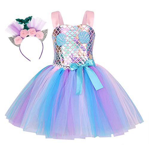 Mermaid Birthday Dress Princess Party Tutu Skirt Toddler Halloween Costume Dress Up Mermaid Outfit with Mermaid Tail Headband_Silver_6_7 Years_6T_