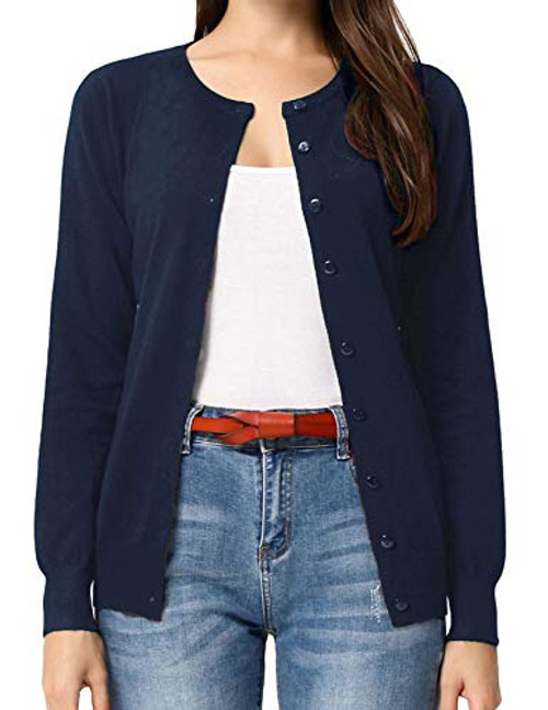 GRACE KARIN Women's Long Sleeve Button Down Crew Neck Classic Sweater Knit Cardigan_2XL_Midnight Blue_