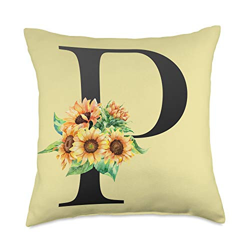 Floral Capital Letter Alphabet Monogram Gift Idea Alphabet Sunflowers Capital P Girly Monogram Initial Letter Throw Pillow_ 18x18_ Multicolor