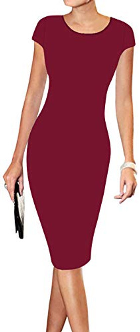 LunaJany Women's Short Sleeve Work Casual Business Church Midi Dress L Wine red