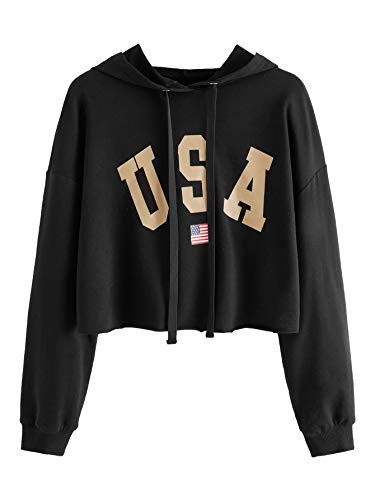 SweatyRocks Women's Casual Letter Print Long Sleeve Crop Top Sweatshirt Hoodies Black L