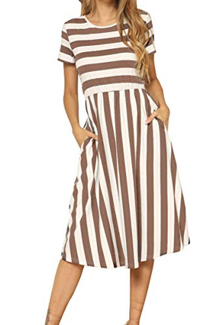 levaca Women's Short Sleeve Striped Swing Midi Dress with Pockets Coffee L