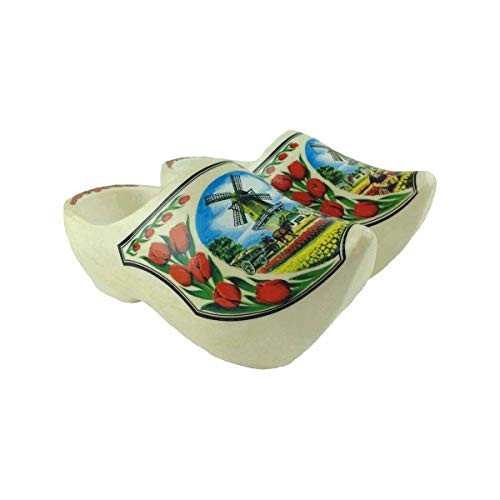 Essence of Europe Gifts E.H.G Wooden Shoe Clogs Dutch Landscape Design Natural Wood and HollandTulips _5.25 inch _