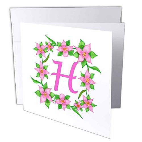 3dRose CherylsArt Monograms _ Painting of Pink Flowers Green Vine Frame Monogram Letter H _ 6 Greeting Cards with envelopes _gc_316434_1_