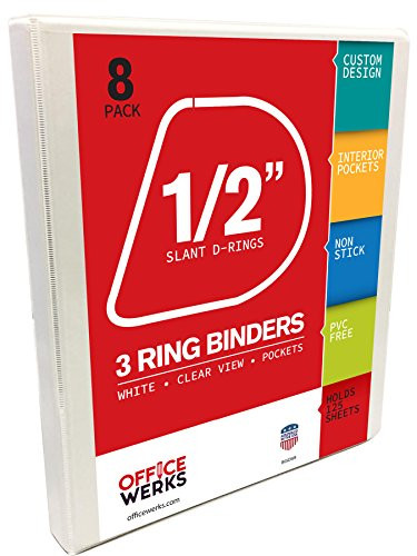 3 Ring Binders, 0.5 Inch Slant-D Rings, White, Clear View, Pockets - 8 Pack by Officewerks