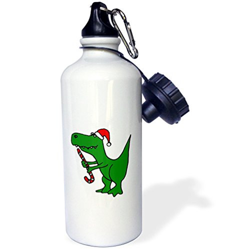 3dRose wb_200176_1"Funny Green Trex Dinosaur in Santa Hat with Candy Cane" Sports Water Bottle, 21 oz, Multicolor