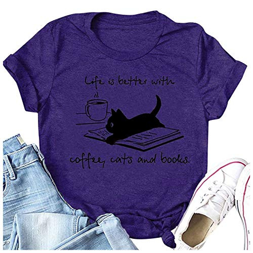 Womens T_Shirt Cat Pattern Printed Tee Shirts Casual Loose Short Sleeve O_Neck Tops Fashion Comfy Top Summer Blue