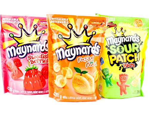 Maynards Bundle of Three Bags Candy Swedish Berries_ Fuzzy Peach_ Sour Patch Kids _Imported from Canada_