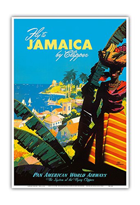 Fly to _ Jamaica _ by Clipper _ Pan American World Airways _ Vintage Airline Travel Poster by Mark Von Arenburg c.1950 _ Master Art Print 13in x 19in Fly to _ Jamaica _ by Clipper _ Pan American World Airways _ Vintage Airline Travel Poster by Mark Von Arenburg c.1950 _ Master Art Print 13in x 19in