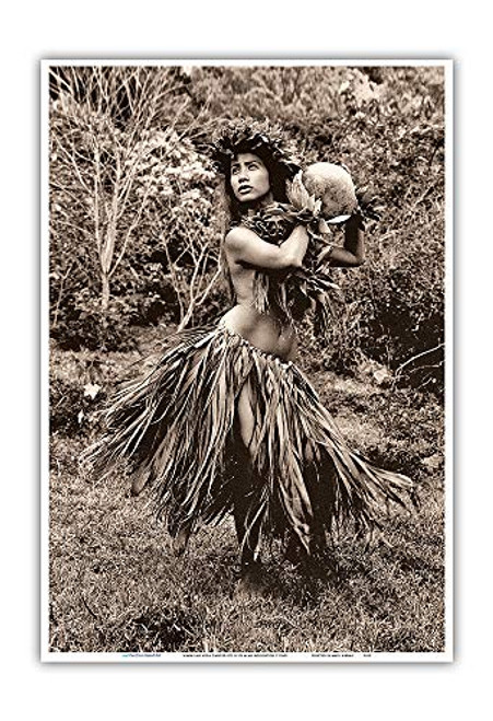 Hawaiian Hula Dancer IPU _Gourd Drum_ IV _ Vintage Sepia Toned Photograph by Alan Houghton c.1960s _ Master Art Print 13in x 19in