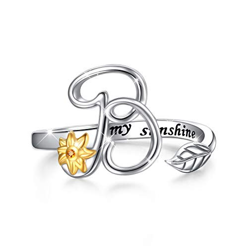 Sterling Silver Gold Tone Sunflower Initial 26 Letter Script Name Alphabet A to Z Resizable Ring for Size 5_9 _B_