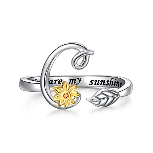 Sterling Silver Gold Tone Sunflower Initial 26 Letter Script Name Alphabet A to Z Resizable Ring for Size 5_9 _C_