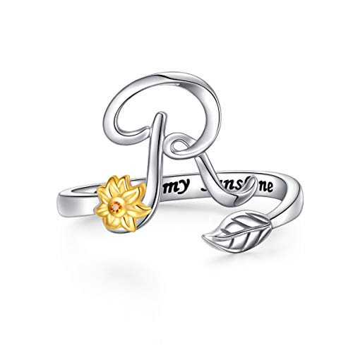 Sterling Silver Gold Tone Sunflower Initial 26 Letter Script Name Alphabet A to Z Resizable Ring for Size 5_9 _R_