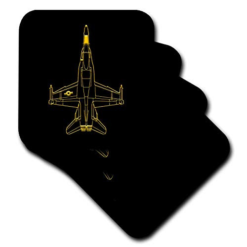3dRose Line image of F_18 fighter plane. Air force might. Yellow on black _ Coasters _cst_323642_1_