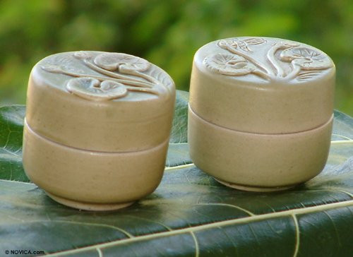 NOVICA Leaf And Tree Ceramic Jewelry Box, Beige 'Lotus And Dragonfly' (pair)